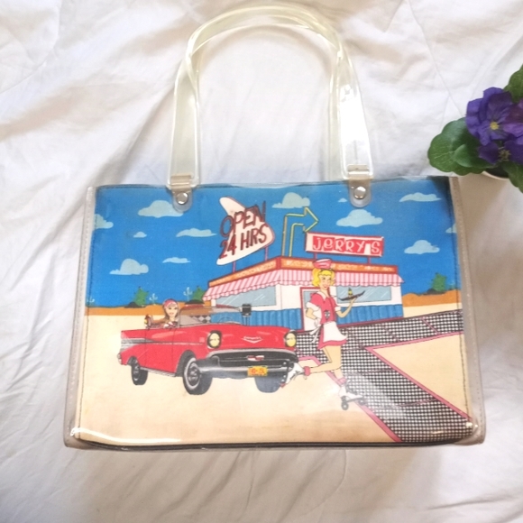 VINTAGE 1950 GRAPHIC AMERICAN TOPICS CLEAR LUCITE PURSE - Picture 2 of 12